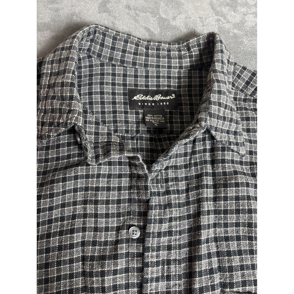 Eddie Bauer Mens XL Tall Flannel Shirt Black Grey Plaid Long Sleeve Button Down